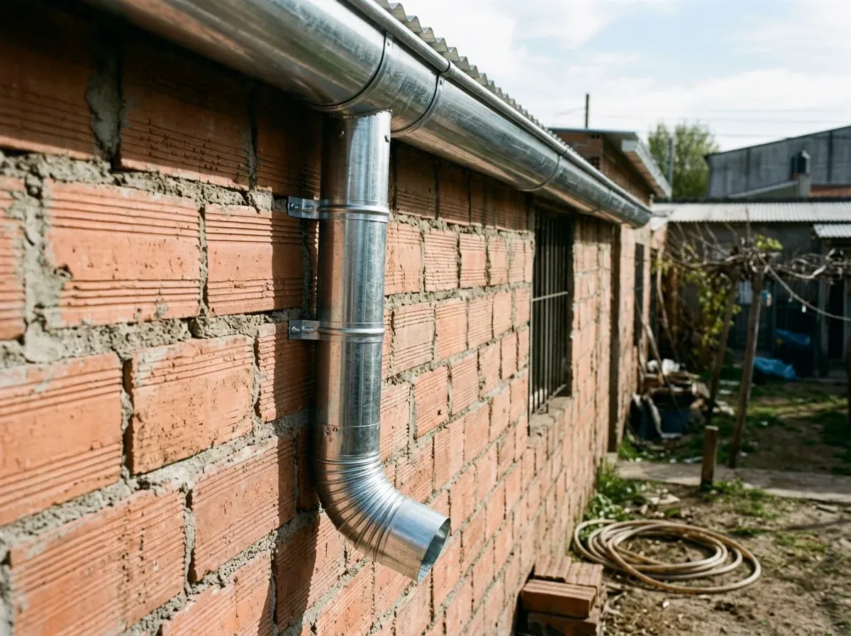 Bajada pluvial de chapa instalada en pared de casa argentina en Lanús