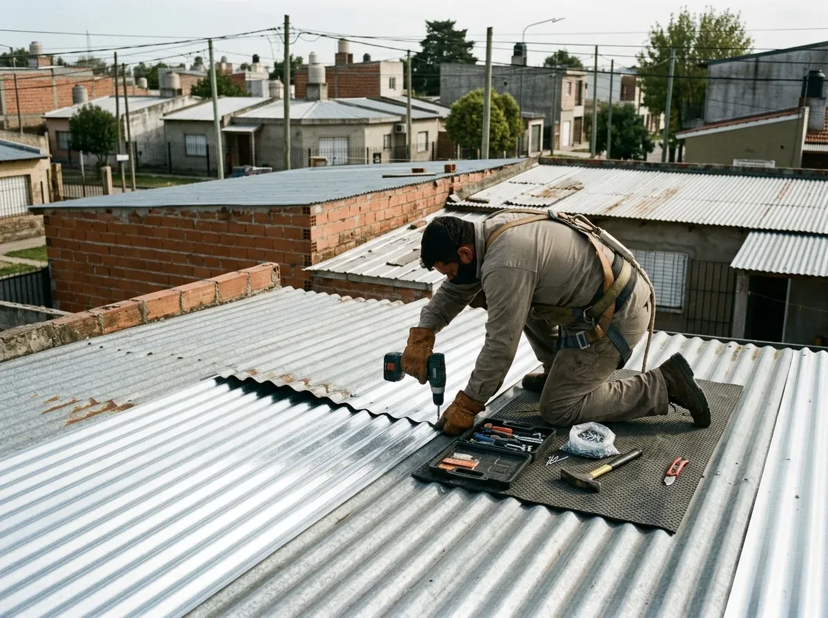 Techista profesional reparando techo de chapa galvanizada en vivienda argentina en Lanús
