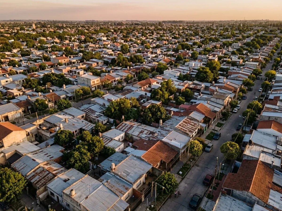 Vista aérea de techos de chapa y teja de un barrio residencial argentino en Lanús